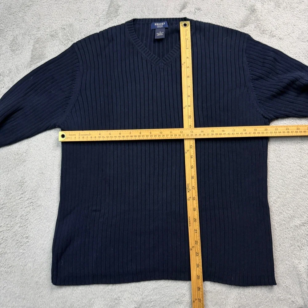 Brooks Sport Mens Navy Blue Ribbed V-Neck Cotton Sweater Size Med Long Sleeve